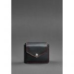 Кожаное портмоне 4.2 на кнопке черное с красной нитью, фото 1