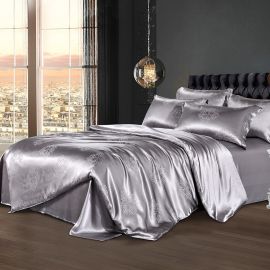 Шелковый комплект постельного белья серый. Благородный дамаск. 100% натуральный шелк Silk KIss, фото 1