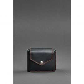 Кожаное портмоне 4.2 на кнопке черное с красной нитью, фото 1