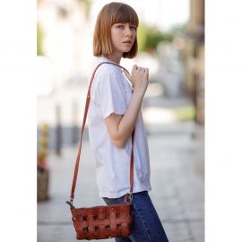 Кожаная плетеная женская сумка Пазл S светло-коричневая Crazy Horse, фото 1