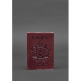 Кожаная обложка для паспорта с украинским гербом бордовая, фото 1