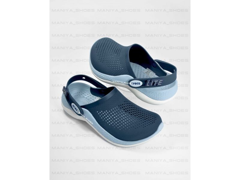 Crocs LiteRide 360 темно-сині з сіро-блакитною вставкою, бічний вид студійного фото