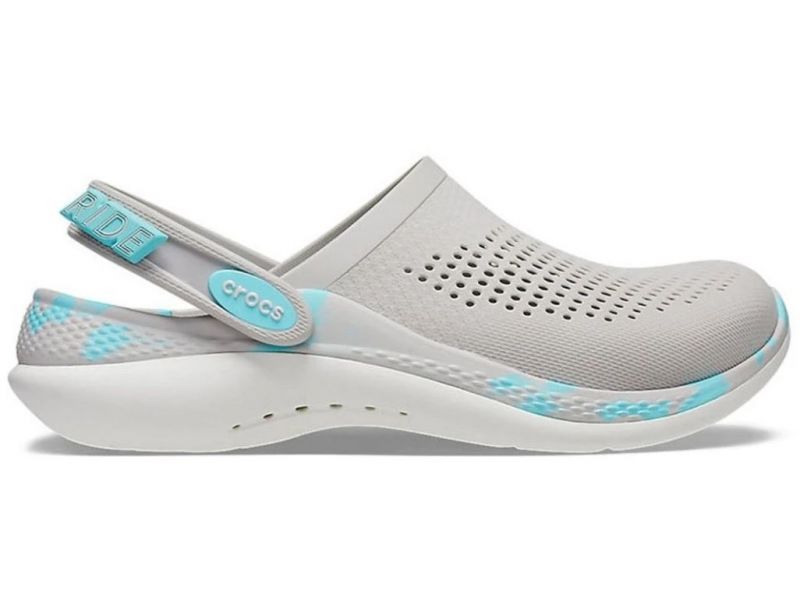 Crocs LiteRide 360 Pearl White Multi сірі з блакитним, боковий вигляд комфортних сабо