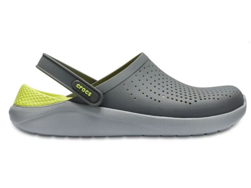 Сабо Crocs LiteRide серые с зелёной стелькой — вид сбоку