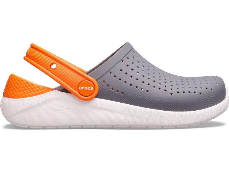 Детские Crocs Literide серые с оранжевой шлейкой, вид сбоку