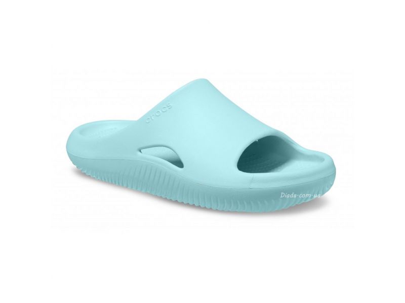 Crocs Mellow Slide Pure Water — удобные бирюзовые шлепанцы, вид спереди, оригинал