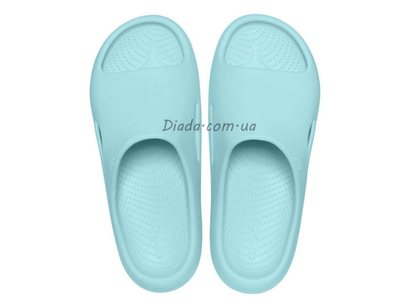 Crocs Mellow Slide Pure Water — вид сверху, мягкие бирюзовые сабо-шлепанцы, оригинал