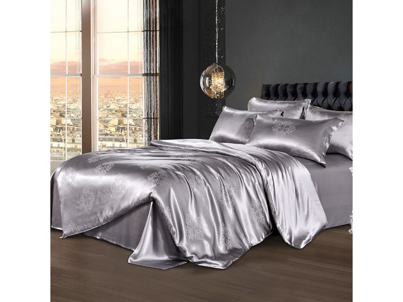 Шелковый комплект постельного белья серый. Благородный дамаск. 100% натуральный шелк Silk KIss, фото 1