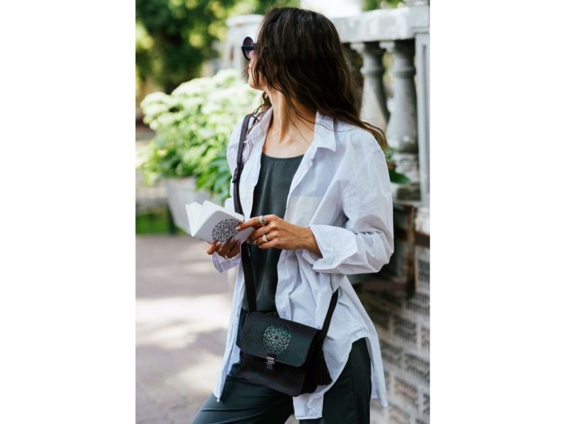 Кожаная женская бохо-сумка Лилу черная, фото 7