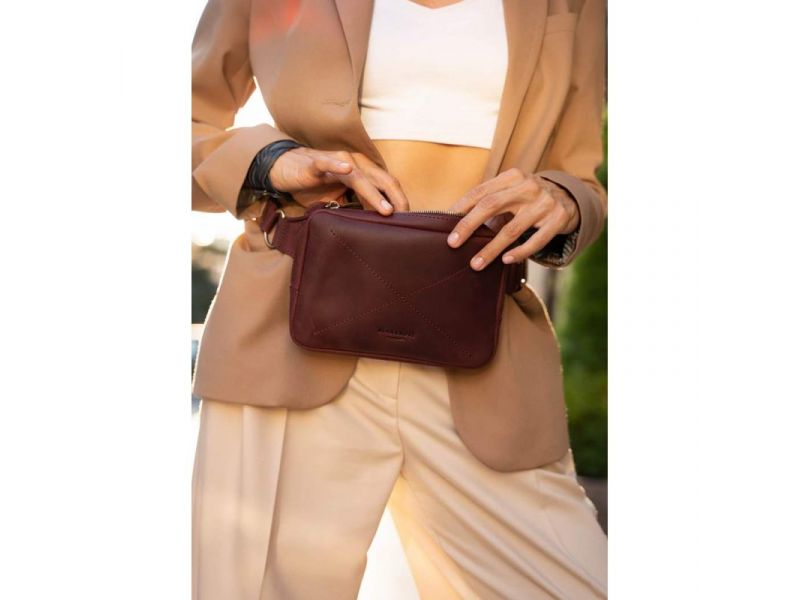 Кожаная поясная сумка Dropbag Mini Crazy Horse бордовая, фото 8