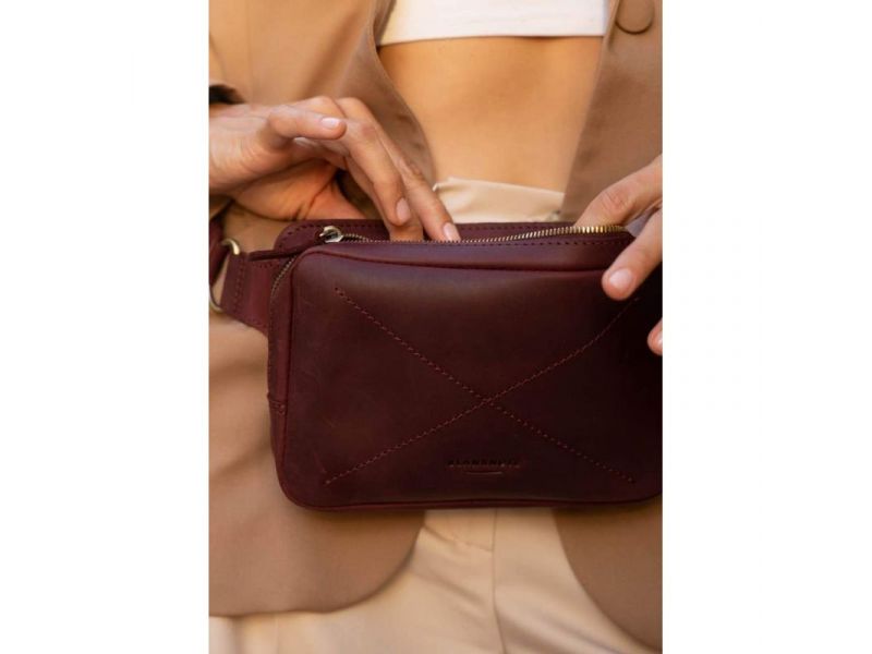 Кожаная поясная сумка Dropbag Mini Crazy Horse бордовая, фото 9