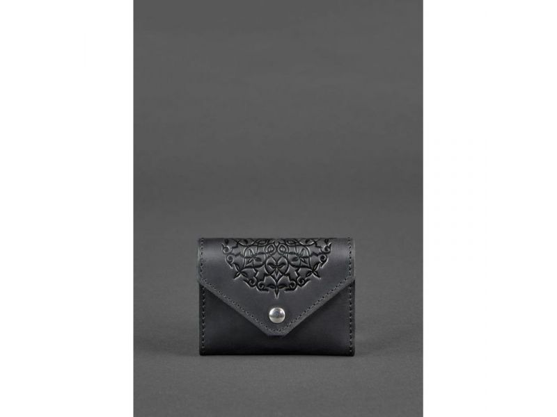 Кожаный женской кард-кейс 3.0 черный с мандалой, фото 1
