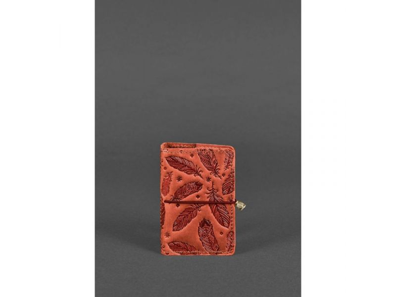 Женский кожаный кард-кейс 7.0 коралловый с перьями, фото 1