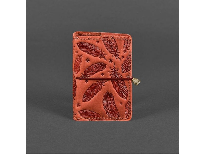 Женский кожаный кард-кейс 7.0 коралловый с перьями, фото 4
