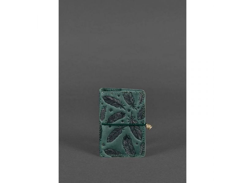 Кожаный кард-кейс 7.0 зеленый с перьями, фото 1