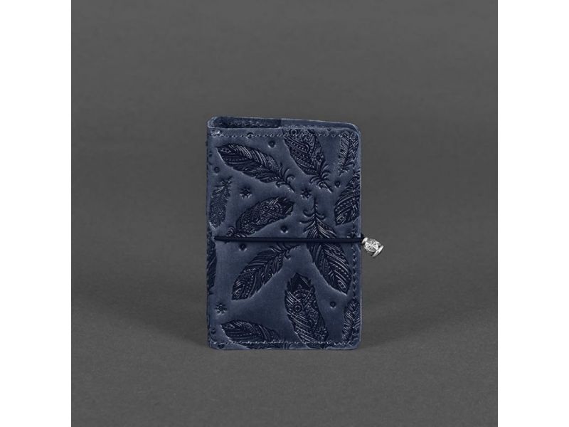 Кожаный кард-кейс 7.0 синий с перьями, фото 4