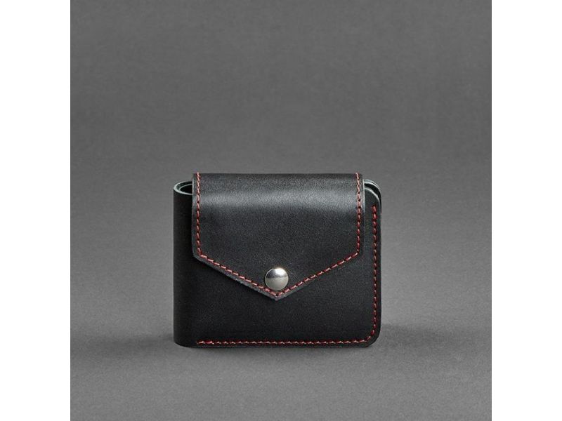 Кожаное портмоне 4.2 на кнопке черное с красной нитью, фото 5