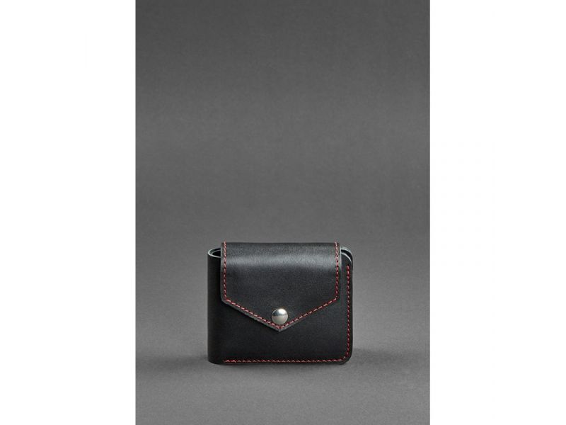Кожаное портмоне 4.2 на кнопке черное с красной нитью, фото 1