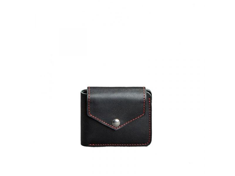 Кожаное портмоне 4.2 на кнопке черное с красной нитью, фото 6