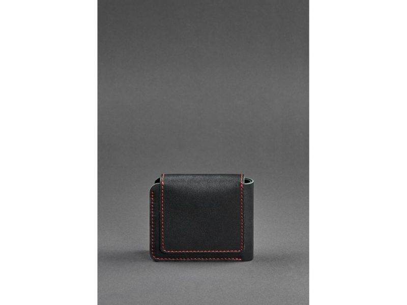 Кожаное портмоне 4.2 на кнопке черное с красной нитью, фото 4