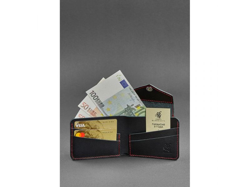 Кожаное портмоне 4.2 на кнопке черное с красной нитью, фото 2