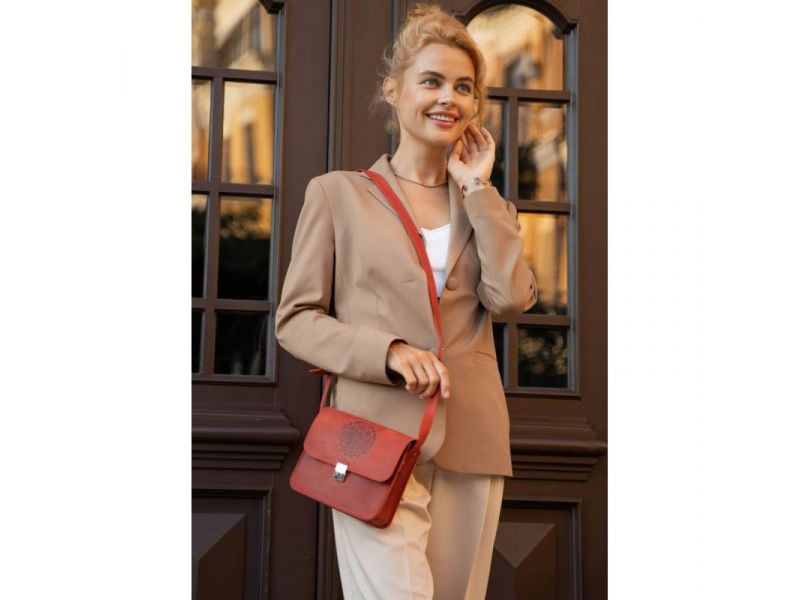 Кожаная женская бохо-сумка Лилу Коралловая, фото 7