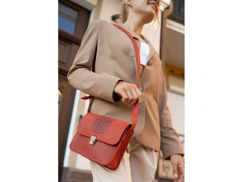 Кожаная женская бохо-сумка Лилу Коралловая, фото 1