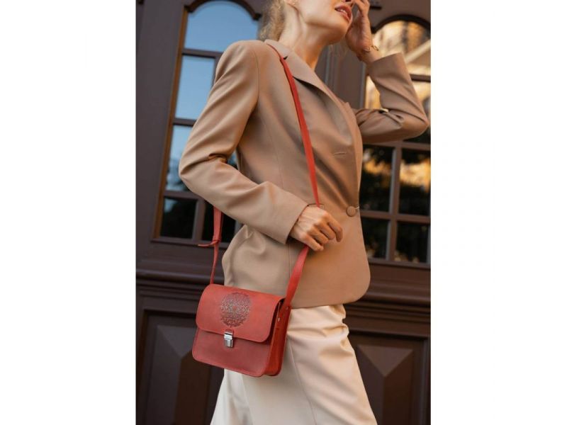 Кожаная женская бохо-сумка Лилу Коралловая, фото 8