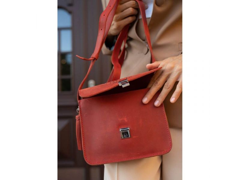 Кожаная женская бохо-сумка Лилу Коралловая, фото 9