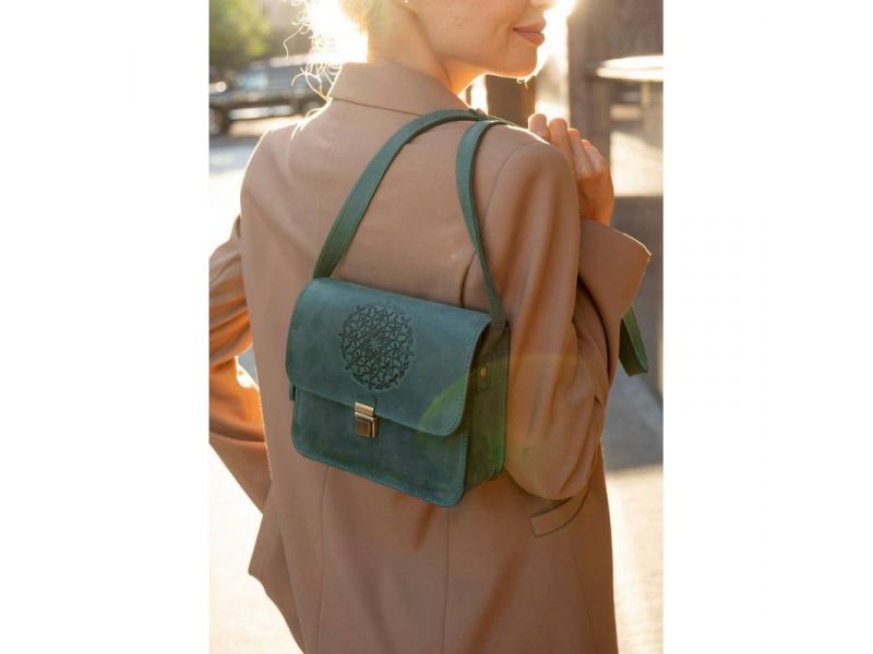 Кожаная женская бохо-сумка Лилу зеленая Crazy Horse, фото 7