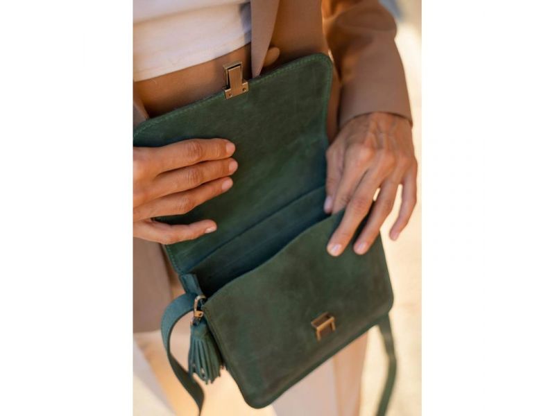 Кожаная женская бохо-сумка Лилу зеленая Crazy Horse, фото 9