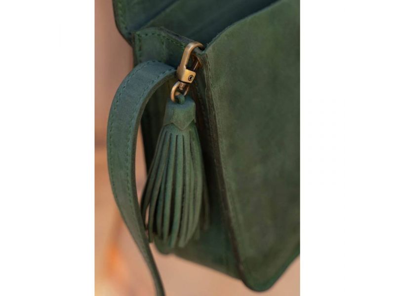 Кожаная женская бохо-сумка Лилу зеленая Crazy Horse, фото 10