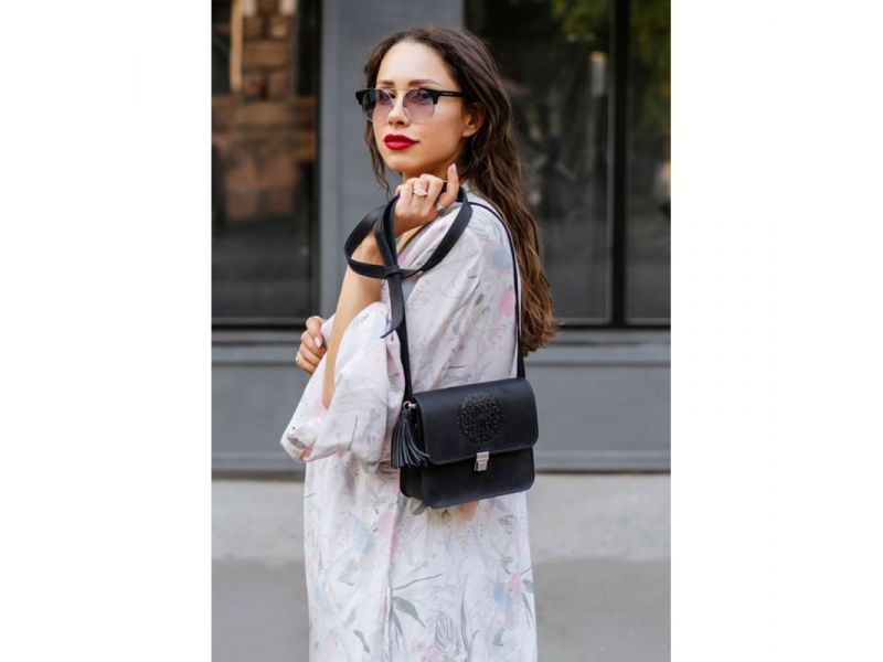 Кожаная женская бохо-сумка Лилу синяя Crazy Horse, фото 8