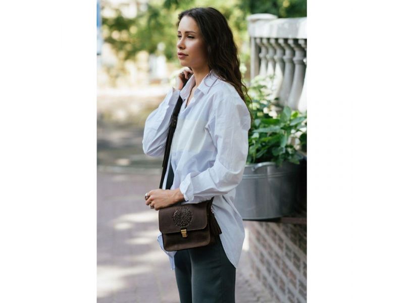 Кожаная женская бохо-сумка Лилу темно-коричневый Crazy Horse, фото 9