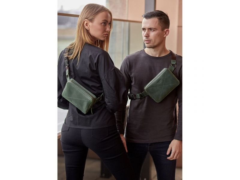 Кожаная поясная сумка Dropbag Mini зеленая Crazy Horse, фото 1