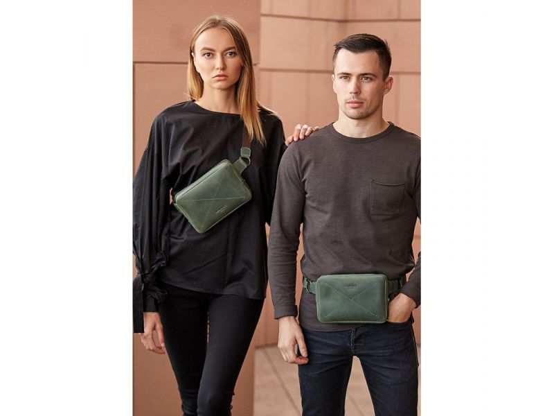 Кожаная поясная сумка Dropbag Mini зеленая Crazy Horse, фото 7