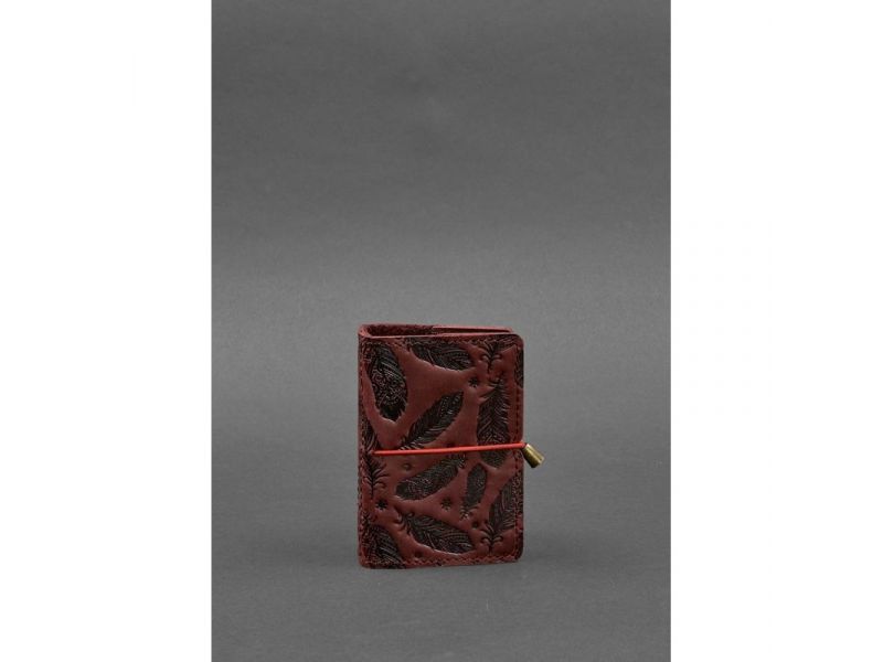 Женский кожаный кард-кейс 7.0 бордовый с перьями, фото 1