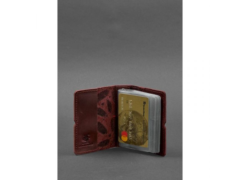 Женский кожаный кард-кейс 7.0 бордовый с перьями, фото 2