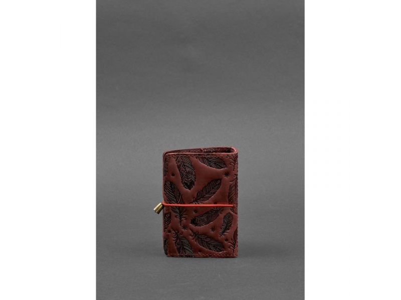 Женский кожаный кард-кейс 7.0 бордовый с перьями, фото 4