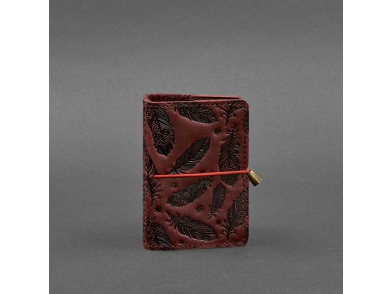 Женский кожаный кард-кейс 7.0 бордовый с перьями, фото 5