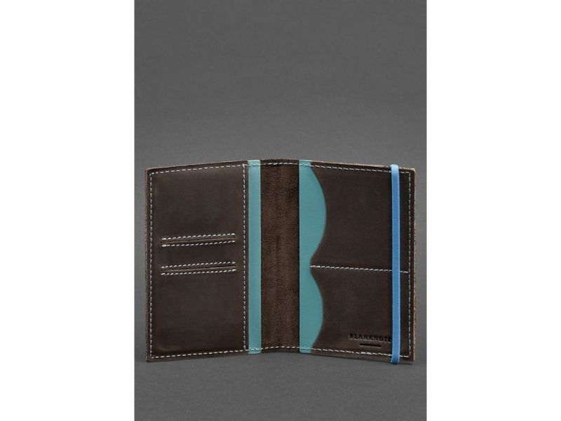 Кожаная обложка для паспорта 2.0 темно-коричневый Crazy Horse с бирюзовым, фото 2