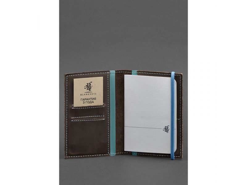 Кожаная обложка для паспорта 2.0 темно-коричневый Crazy Horse с бирюзовым, фото 3