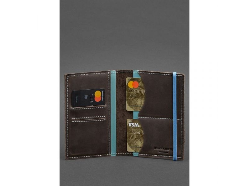 Кожаная обложка для паспорта 2.0 темно-коричневый Crazy Horse с бирюзовым, фото 4