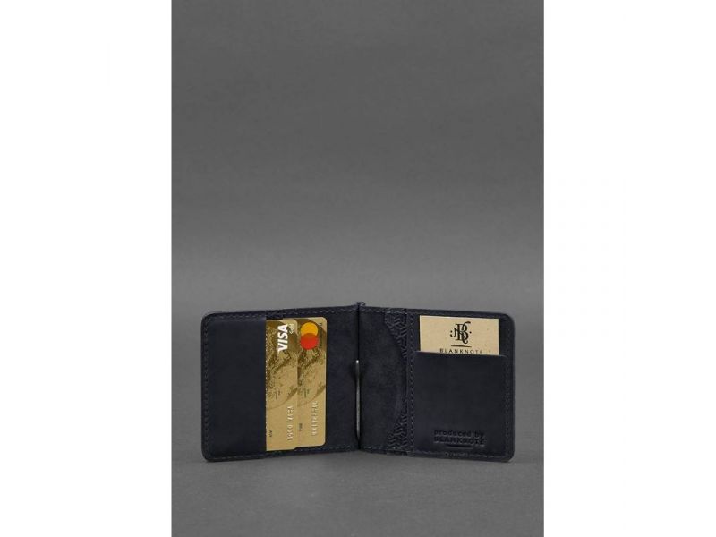 Мужское кожаное портмоне синее 1.0 зажим для денег Карбон, фото 3