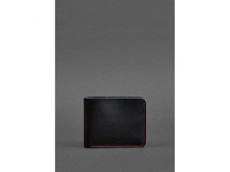 Кожаное портмоне 4.1 (4 кармана) черное с красной нитью, фото 1