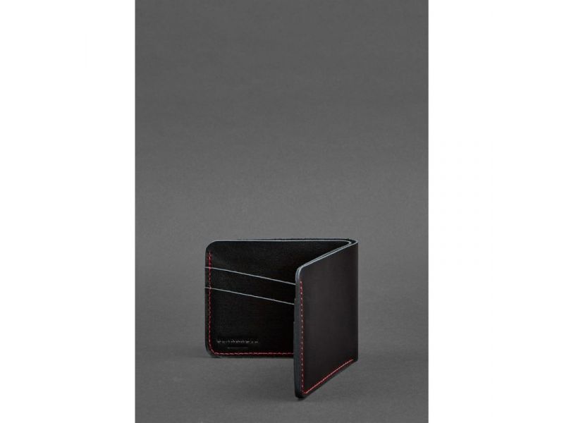 Кожаное портмоне 4.1 (4 кармана) черное с красной нитью, фото 3