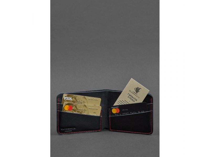 Кожаное портмоне 4.1 (4 кармана) черное с красной нитью, фото 2