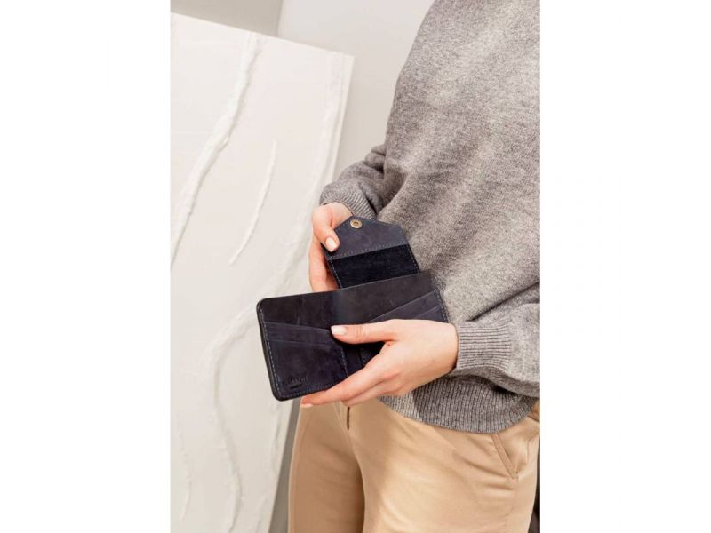 Кожаное портмоне 4.2 на кнопке синее Crazy Horse, фото 7