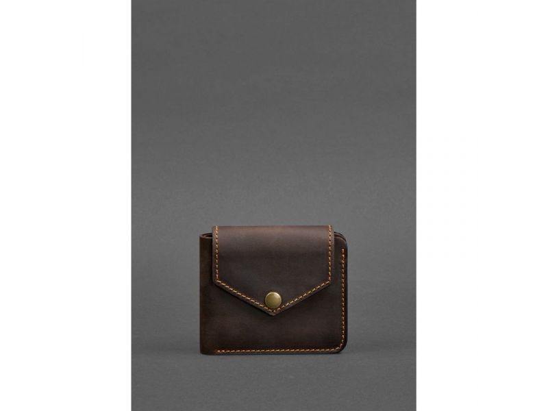 Кожаное портмоне 4.2 на кнопке темно-коричневый Crazy Horse с оранжевой нитью, фото 1