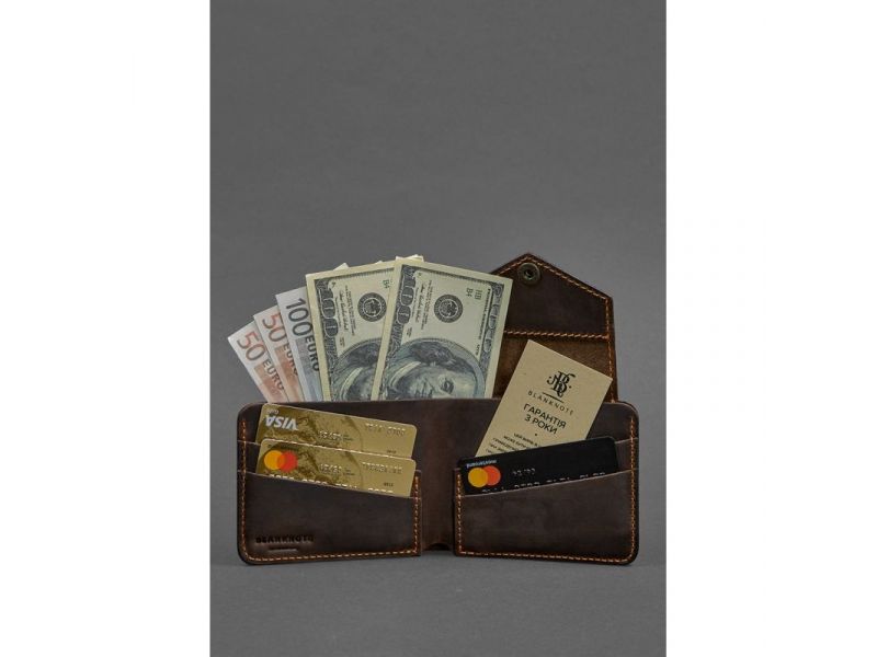 Кожаное портмоне 4.2 на кнопке темно-коричневый Crazy Horse с оранжевой нитью, фото 2